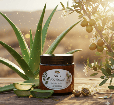 S&B El Artesanal natural moisturizing body cream with aloe vera and argan oil on a rustic wooden surface.