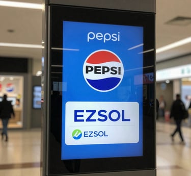 Two people are standing in an office setting, looking at a large wall-mounted screen displaying a message about a media wall. One person is holding a drink, and the environment includes a chest of drawers, glass walls, and overhead lights.