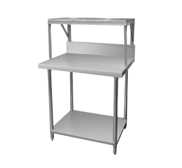 Stainless steel salamander bench with top shelf and storage space.