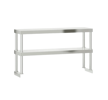 Two-tier stainless steel overshelf for benches with clamp-on mounting.