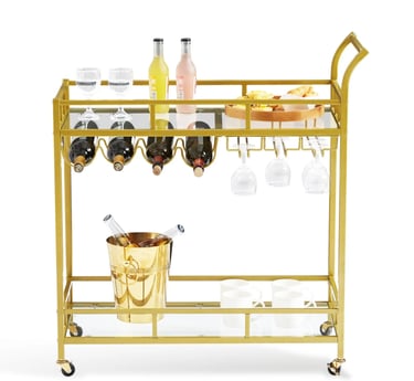 Gold bar cart stocked with wine and glasses for a cafe, restaurant & bar.