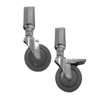 Durable castor wheels with locking brakes for kitchen prep tables.