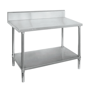 Industrial grade work table made from heavy duty stainless steel with a solid under shelf and rear splashguard.