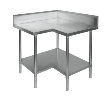 L-shaped stainless steel corner benches with a rear splashback and undershelf.