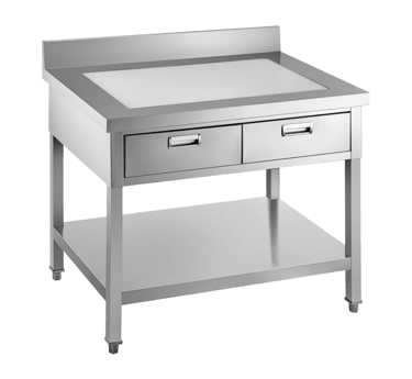 Stainless steel prep table from our light duty range featuring a built-in cutting board, drawers, and under shelf.