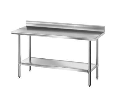 One of our stainless steel benches with splashback featuring a wide work surface and adjustable bullet feet.