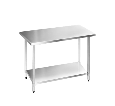 A prosumer stainless steel flat benchtop featuring a solid undershelf and adjustable feet.