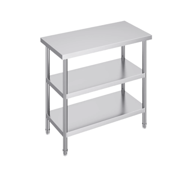 Stainless steel bench with two under shelves for extra kitchen storage.