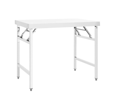 Durable stainless steel folding table with reinforced collapsible legs.