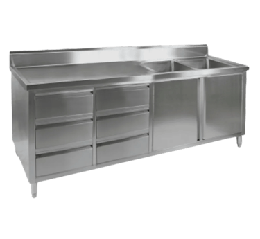 Stainless steel kitchen tidy cabinet with sink, drawers, and doors.