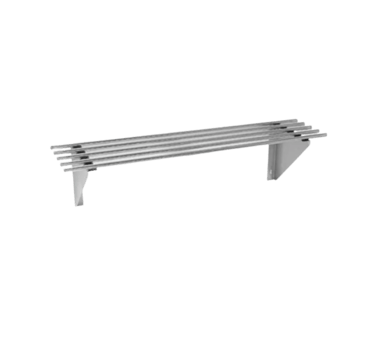 Stainless steel pipe wall shelves with heavy duty brackets for commercial use.