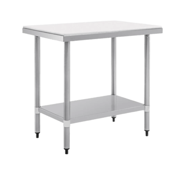 Stainless steel work table featuring an integrated chopping board and lower storage shelf.