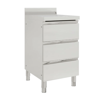 Stainless steel benches with cabinet featuring three drawers and adjustable legs.