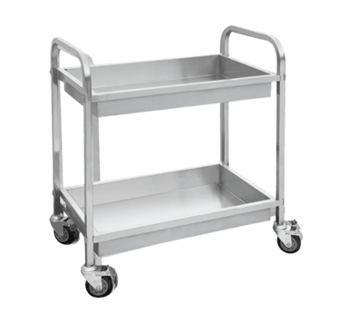 A two-tier stainless steel trolley with deep lipped shelves and heavy-duty swivel wheels.