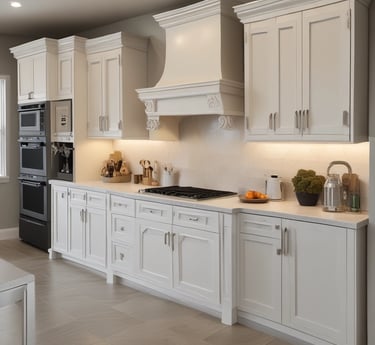 A modern kitchen interior featuring sleek cabinetry and a bright, spacious countertop layout. A large window reveals lush greenery outside, enhancing the natural light flooding the room. Appliances like a stovetop and an oven are integrated seamlessly into the design. A stool and kitchen accessories like a cutting board and a potted plant decorate the space.