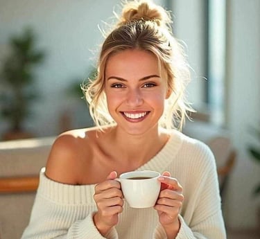 a woman in a white sweater holding a cup of coffee