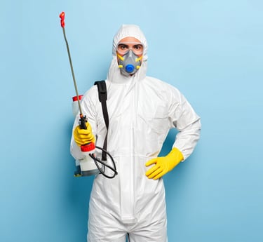 a man in a white suit and yellow gloves holdin, technik DDD gotowy do pracy g a spray gun
