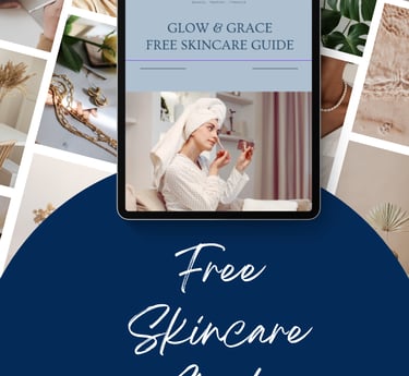 Digital tablet showing a Glow and Grace free skincare guide download with lifestyle flatlay photos.