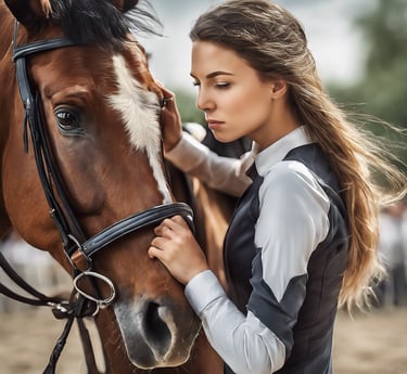 A person in equestrian attire is standing beside a horse. The individual is wearing a helmet and a patterned coat, holding the horse by the reins. The horse has a strikingly marked face with a white blaze. The image is in black and white, creating a classic and elegant feel.