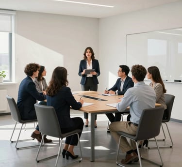 Modern office space with team collaborating on AI training materials under natural light