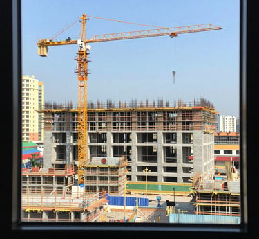 A friendly project manager reviewing blueprints on a construction site with workers in the background.