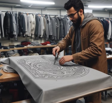 A shop filled with colorful textiles, jewelry, and crafts. A person in traditional clothing stands inside, examining an item. The walls and displays are adorned with intricately designed fabrics, beads, and ornaments.