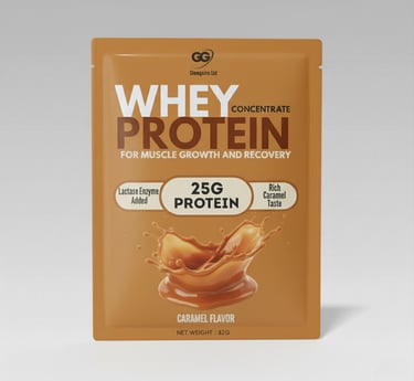 glowgains whey protein sachets caramel flavor