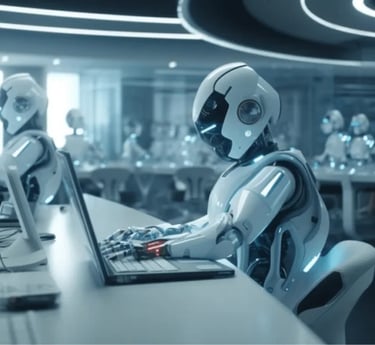 imagem mostra um escritório com maquinas robôs trabalhando no lugar dos seres humanos.