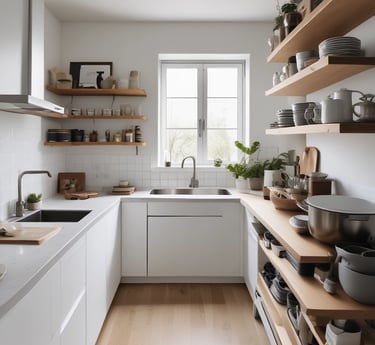 A laptop displaying a webpage with several interior design images is placed on a wooden table. Behind it, a gray couch and a round mirror on the wall can be seen, suggesting a cozy room setup. Soft lighting filters through sheer curtains in the background.