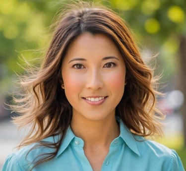 Professional woman smiling confidently outdoors in natural light.