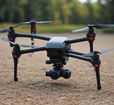 Drone flying over industrial equipment capturing thermal and 3D data.