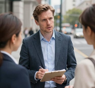 A police officer wearing a bright yellow jacket with 'Vancouver Police' written on it is riding a bike on a city street. The officer is part of a group of police officers on bicycles, and they are heading down a wet pavement, indicating recent rain. The background shows traffic lights, street indicators, and autumn foliage.