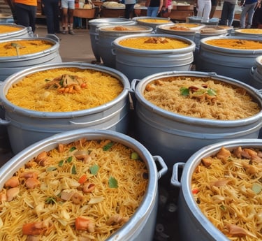 Plastic containers filled with assorted food items, including rice, vegetables, and breaded fried pieces wrapped in foil. The arrangement appears to be a collection of neatly organized meals ready for distribution or consumption.