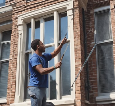A worker is suspended on ropes, cleaning the windows of a large brick building. The person is equipped with cleaning gear, including a brush and a safety harness attached to a bucket of supplies. The window panes have visible streaks being cleaned, contrasted against the industrial background of brick and metal.
