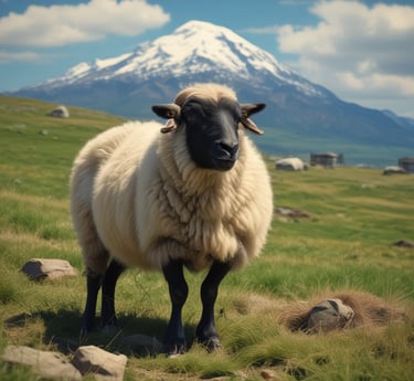 A sheep with large, curled horns stands among rocky terrain. Its wool is thick and off-white with darker patches on its face and neck. Sparse green vegetation is visible amidst the gray and brown rocks.