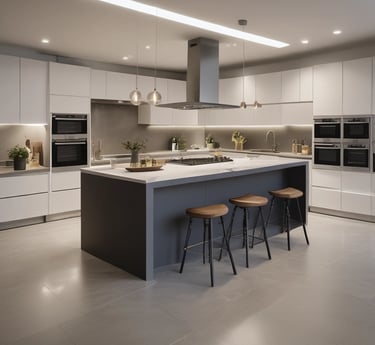white wooden kitchen island and cupboard cabinets near glass panel door