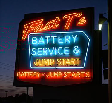 Neon sign at auto shop that says "Fast T's Battery Service & Jump Starts"