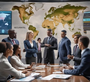 a group of business people in suits and ties standing around a table