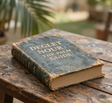 A cozy reading nook surrounded by palm leaves and farming tools, bathed in soft natural light.