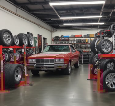 A dimly lit auto repair garage with two yellow cars, one on a lift and another below it. Various car parts, tools, and equipment are scattered around. A person is working at a desk on the right, while another person walks in the center. Shelves on the left are filled with tires and other items.