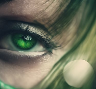 a woman with green eyes and green eyes