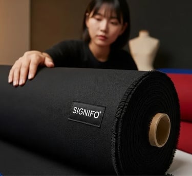 Seorang desainer di studio workshop sedang memeriksa kualitas kain kanvas polyester SIGNIFO.