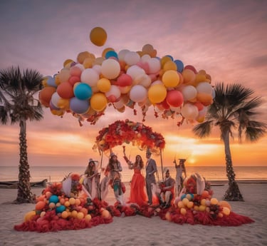 An outdoor setting features colorful inflatable play structures and a decorative balloon arch. A table draped with a pink and white skirt holds electronic equipment, possibly a photo booth setup. In the background, lush greenery and a partly cloudy sky are visible, creating a festive atmosphere.