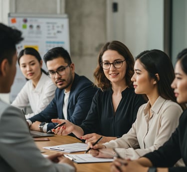 working professionals in meeting at large table