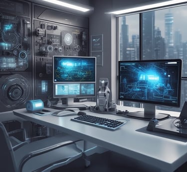 A sleek, futuristic workspace with glowing AI-themed icons and a laptop displaying AI software dashboards.