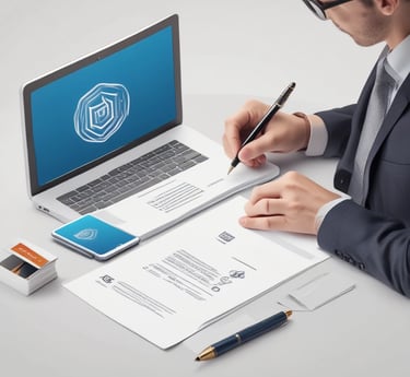 A hand holds a black business card with white text reading 'FORTY TWO Strategy Innovation Design' against a blurred urban skyline backdrop. The sky is clear and blue, suggesting a bright day.