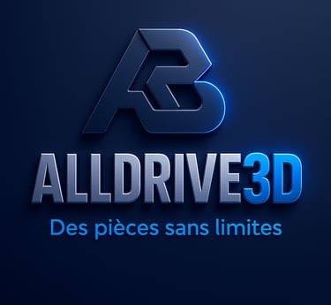 Logo AllDrive3D avec le slogan Des pièces sans limites, design bleu métallique moderne