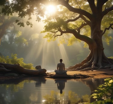 An arrangement of mystical and spiritual items on a soft white fabric. A notebook with intricate designs featuring an eye symbol, alongside a tarot card depicting a seated figure. A wooden incense holder, a crystal, and a small bottle of essential oil or perfume are nearby. A decorative stone with black patterns and a bundle of dried herbs rest on a small black dish. A woven fabric with sun and moon designs is draped in the background.