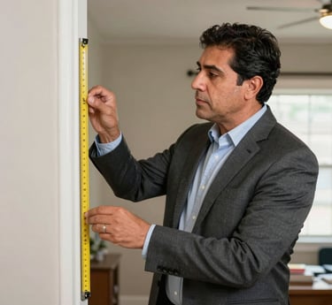 A professional appraiser inspecting a residential property with documents in hand.