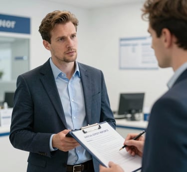A professional appraiser inspecting a residential property with documents in hand.